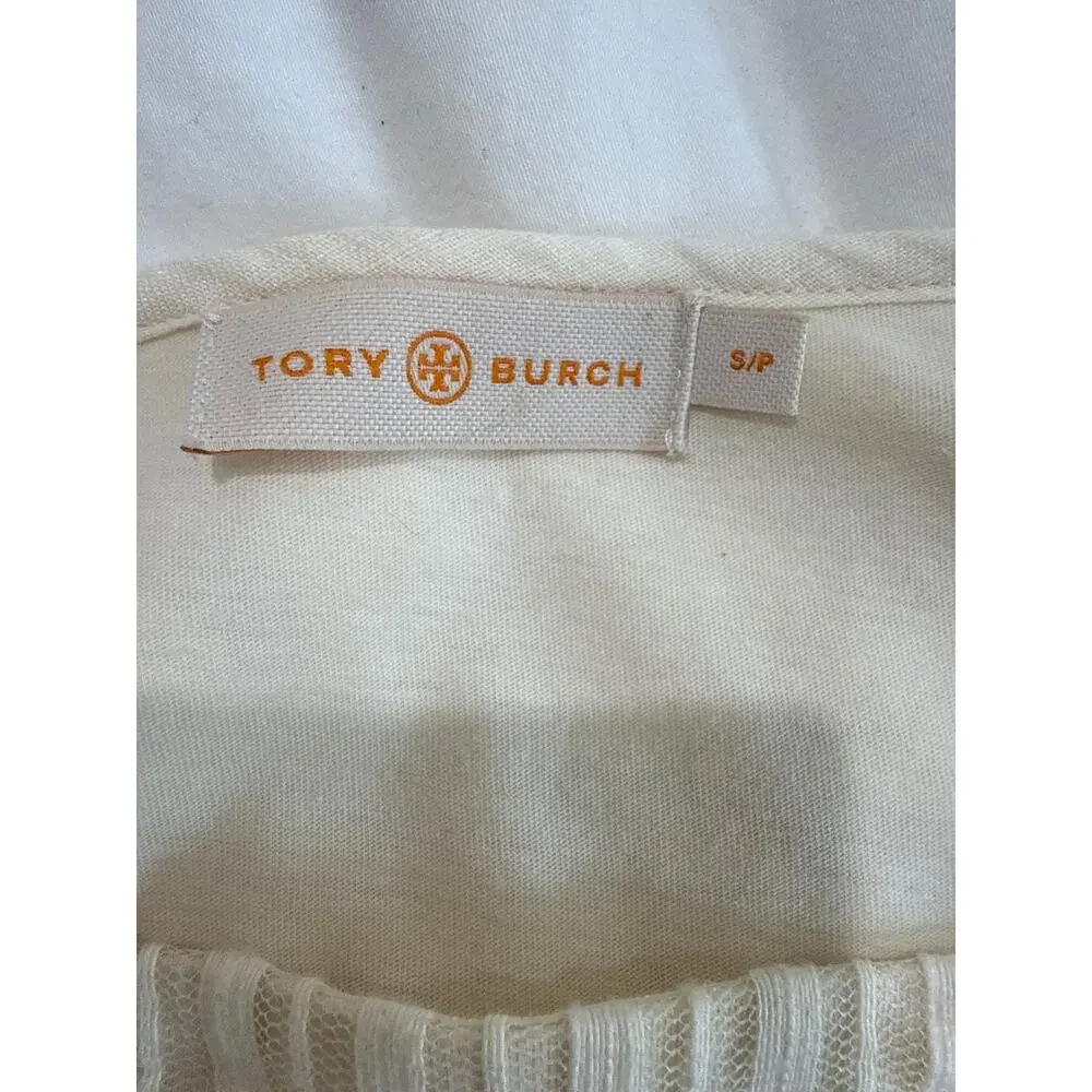 Tory Burch Cream Lace Front Boat Neck Top Sheer Stripe Sleeves 3/4 Sleeve Small